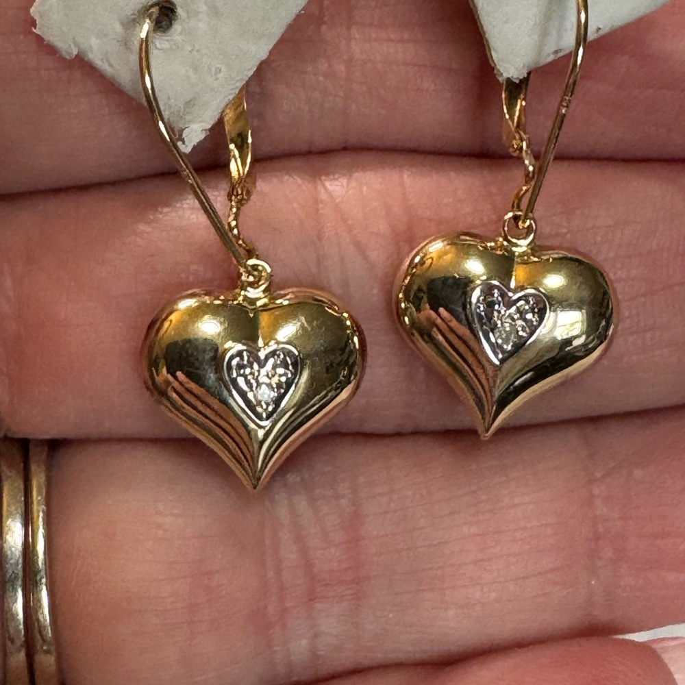 14k Diamond Puffy Heart Dangle Earrings